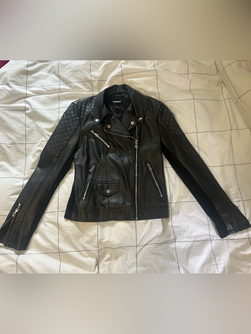 Express Black Quilted-Sleeve Faux Leather Moto Jacket